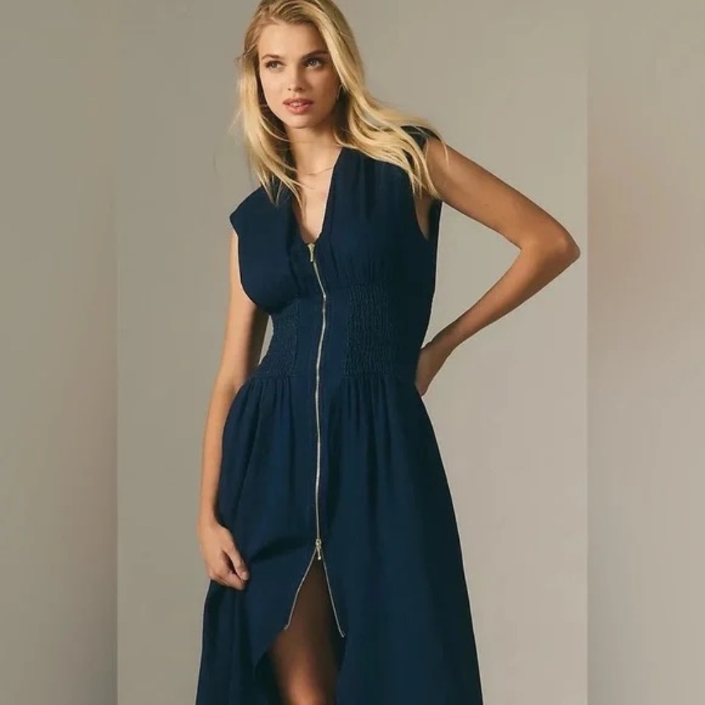 New Anthropologie Tommie Cap Sleeve Smocked Front Zip Dress Denim Size S